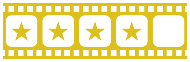 Bild der fünf 5-Sterne-Zeichen in der Filmstreifen-Silhouette. Sternbewertungssymbol für Film- oder Filmkritik, Piktogramm, Apps, Website oder Grafikdesignelement. Bewertung 4 Sterne. PNG-Format png