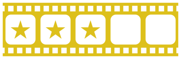 Bild der fünf 5-Sterne-Zeichen in der Filmstreifen-Silhouette. Sternbewertungssymbol für Film- oder Filmkritik, Piktogramm, Apps, Website oder Grafikdesignelement. Bewertung 3 Sterne. PNG-Format png