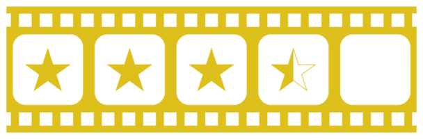 Bild der fünf 5-Sterne-Zeichen in der Filmstreifen-Silhouette. Sternbewertungssymbol für Film- oder Filmkritik, Piktogramm, Apps, Website oder Grafikdesignelement. Bewertung 3,5 Sterne. PNG-Format png