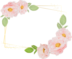 watercolor pink roses with golden wreath frame and glitter png