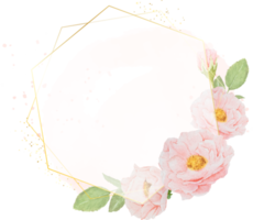 aquarellrosa rosen mit goldenem kranzrahmen auf aquarellhintergrund mit kopienraum png