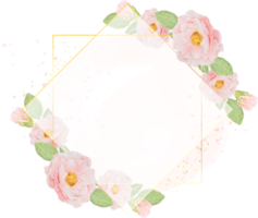 aquarellrosa rosen mit goldenem kranzrahmen auf aquarellhintergrund mit kopienraum png