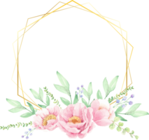 corona de arreglo de ramo de flores de peonía rosa acuarela con marco dorado para logotipo o pancarta png
