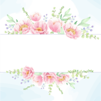 corona di bouquet di fiori di peonia rosa dell'acquerello con modello di carta di invito a nozze quadrato con cornice dorata png