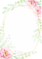 corona de ramo de flores de rosa rosa y peonía con marco con marco de geometría dorada png
