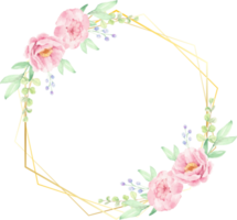 corona de arreglo de ramo de flores de peonía rosa acuarela con marco dorado para logotipo o pancarta png