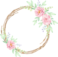 ramo de flores de peonía rosa acuarela en marco de corona de ramita seca marrón png