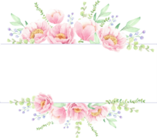 akvarell rosa pion blomma bukett krans med guldram fyrkantig bröllopsinbjudan kortmall png