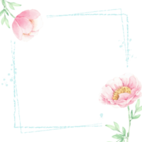 flor de peônia rosa aquarela e elementos de folhas verdes quadro mínimo png