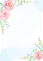 corona de ramo de flores de rosa rosa y peonía con marco sobre fondo de salpicaduras de acuarela azul png
