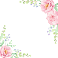 couronne de bouquet de fleurs de pivoine rose aquarelle avec carte ou bannière d'invitation de mariage carré cadre de paillettes d'or png