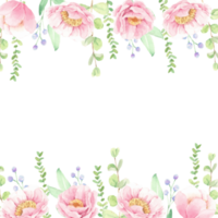 vattenfärg rosa pion blomma bukett krans med guld glitter ram fyrkant bröllop inbjudan kort eller baner png