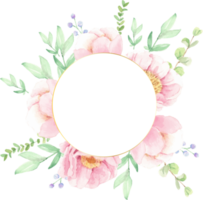 couronne d'arrangement de bouquet de fleurs de pivoine rose aquarelle avec cadre doré pour logo ou bannière png