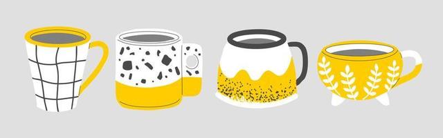 A set of handmade mugs. Tea and coffee in beautiful stylish cups. Patterns on ceramic dishes vector