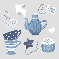 Tea party set. Teapot, tea leaves, mugs, cups, honey and jam. Stylish blue tableware vector