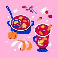 Christmas background with mulled wine, sangria, punch, grog. A saucepan and a glass with red wine and fruits, spices vector