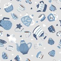 Seamless pattern with Scandinavian-style mugs and teapots. Blue blue mugs and coffee pots on a gray background vector