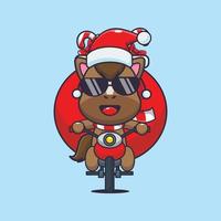 Cute horse carrying christmas gift with motorcycle. Cute christmas cartoon illustration. vector