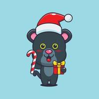 Cute panther holding christmas candy and gift. Cute christmas cartoon illustration. vector