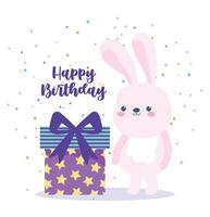 feliz cumpleaños, lindo conejo y caja de regalo sorpresa tarjeta de decoración de celebración de dibujos animados vector