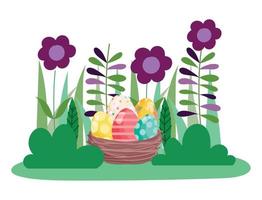 happy easter whisker basket with decorated eggs on grass with flowers vector