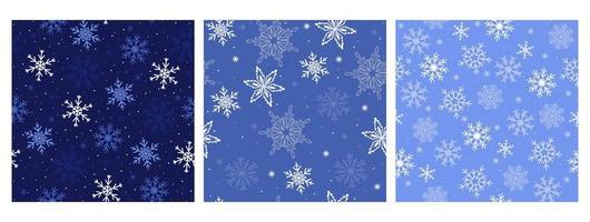 Set of seamless patterns with snowflakes in blue tones. Vector graphics.