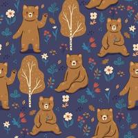 Seamless pattern with bears, berries, flowers and trees. Vector graphics.