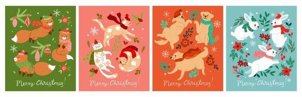 Set of Christmas cards with cute animals in scarves and hats. Vector graphics.