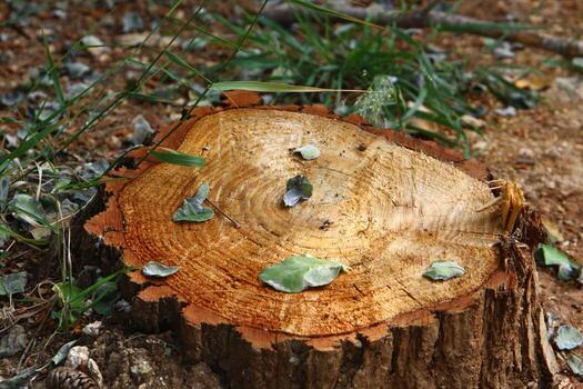 An old stump is a small part of a felled tree trunk. photo