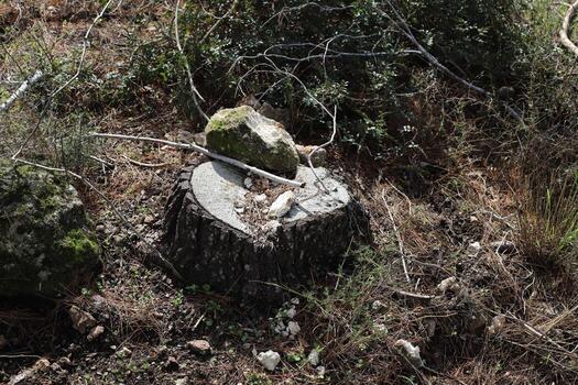 An old stump is a small part of a felled tree trunk. photo