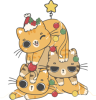 group of three ginger kitten cats piled up as a Christmas tree cartoon doodle hand drawing png