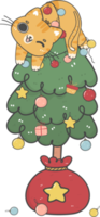 cute Christmas naughty kitten cat  on Christmas tree cartoon doodle hand drawing png