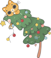 söt jul stygg kattunge katt på jul träd tecknad serie klotter hand teckning png
