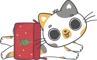 söt jul stygg kattunge katt raser med gåva närvarande låda tecknad serie klotter hand teckning png