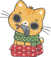 lindo gatito travieso de navidad razas de gatos con caja de regalo dibujo a mano alzada de dibujos animados png