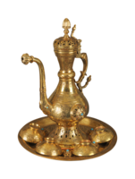 A copper teapot and cups with artistic chasing and engraving png