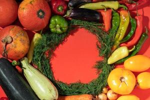 Vegetables are laid out around empty place. Empty space for text. Vegetables on a red background. photo