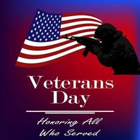 Silhouette of an American soldier on the background of the flag of the United States and the inscription Veterans Day. The concept of veterans day, memorial day. Vector image.