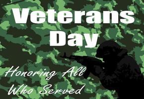 Silhouette of an American soldier on a camouflage background with the inscription Veterans Day. Vector image.
