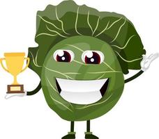 Cabbage is holding a trophy, illustration, vector on white background.