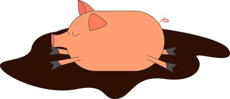 Cute pig sleeping in mud, illustration, vector on white background.