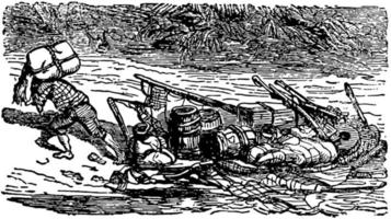 robinson crusoe aterrizando el botín, ilustración vintage vector