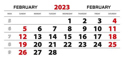 calendario de pared 2023 para febrero, semana a partir del domingo. vector