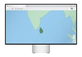 Computer monitor with map of Sri Lanka in browser, search for the country of Sri Lanka on the web mapping program. vector