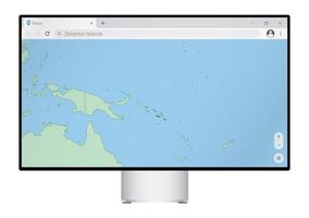 Computer monitor with map of Solomon Islands in browser, search for the country of Solomon Islands on the web mapping program. vector