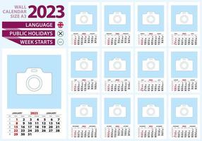 calendario de pared 2023 tamaño a3, idioma inglés. inicio de semana desde el domingo. vector