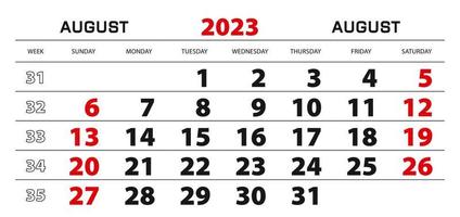 calendario de pared 2023 para agosto, semana a partir del domingo. vector