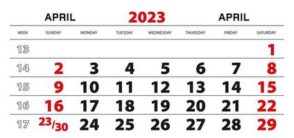 calendario de pared 2023 para abril, semana a partir del domingo. vector