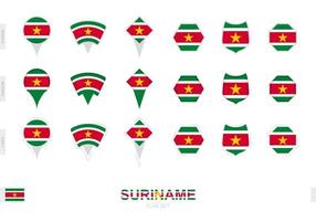 Collection of the Suriname flag in different shapes and with three different effects. vector