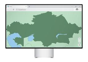 Computer monitor with map of Kazakhstan in browser, search for the country of Kazakhstan on the web mapping program. vector